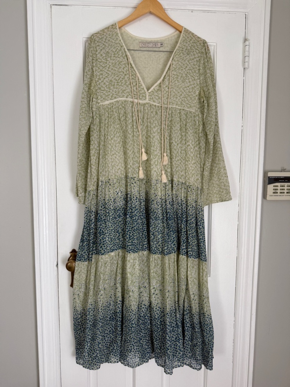 Christy Dawn Sage & Navy Tiered V-Neck Maxi Dress with Tassel Ties